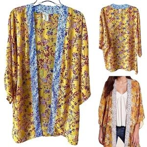 Japna Kimono Topper Yellow Floral Top Boho Open Front Mixed Print Women’s Sz L